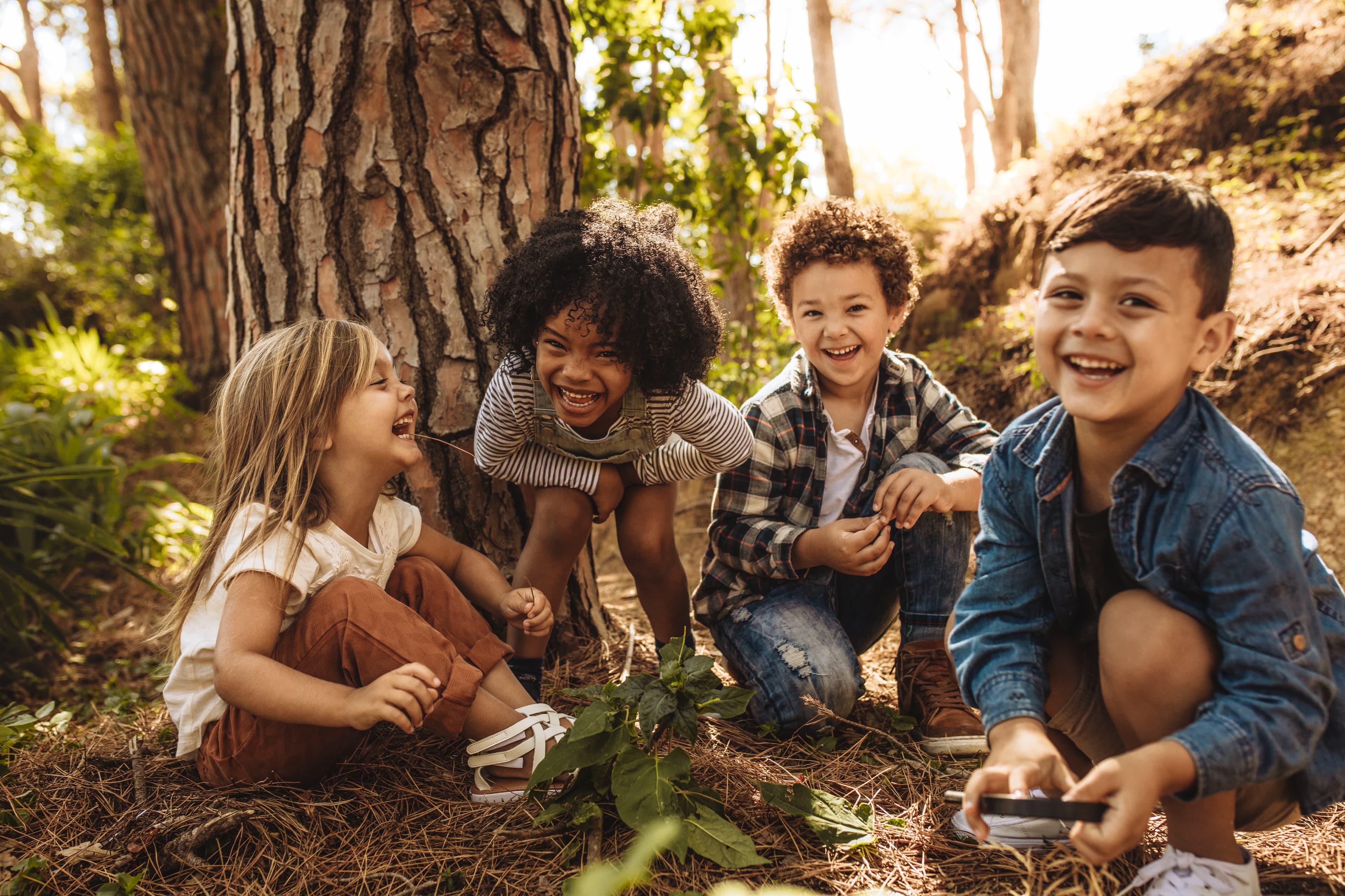 young children playing in the forest